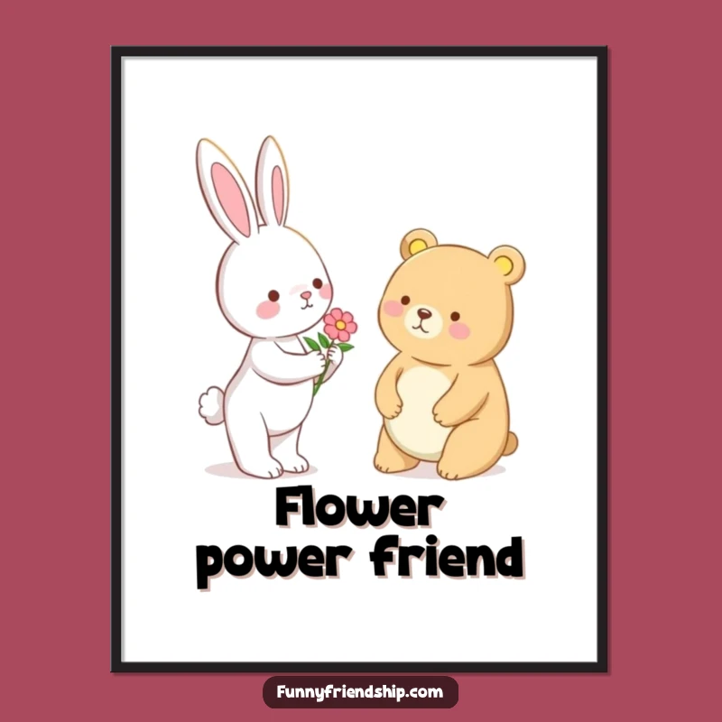 Funny Bunny & Bear Flower Poster - Charming Wall Art Print