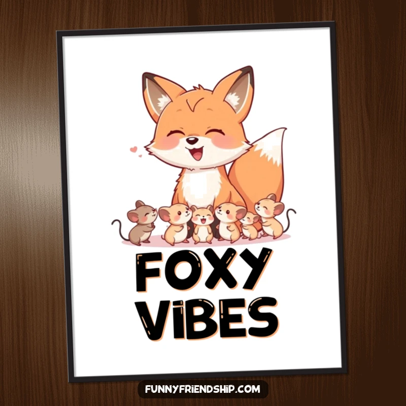 Funny poster print of a friendly fox character bursting into laughter with a group of tiny, happy mice, creating a heartwarming scene.