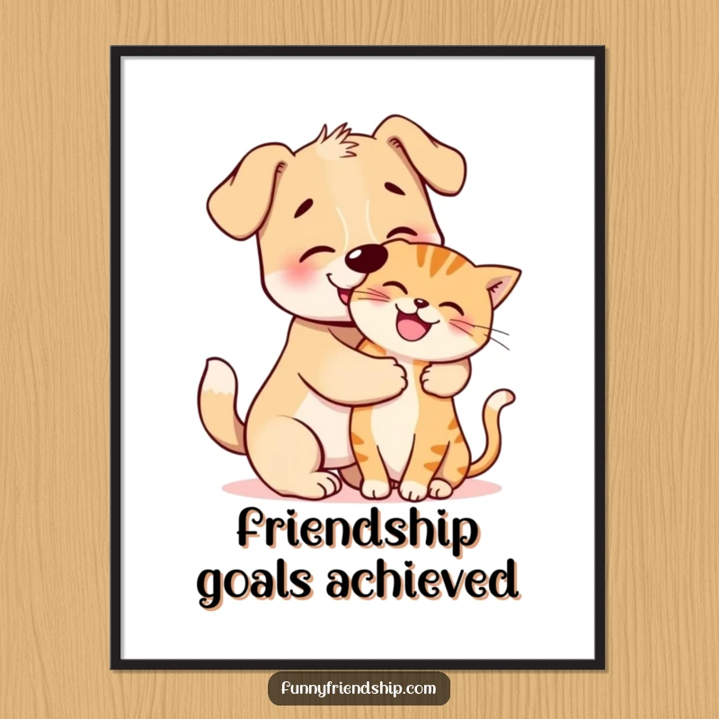Funny Poster: Cute dog character gives a playful hug to a happy cat, creating a heartwarming animal art piece.