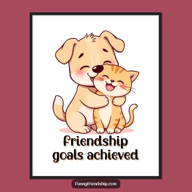 Funny Dog and Cat Hug Poster: Adorable Animal Art Print for Cheerful Decor