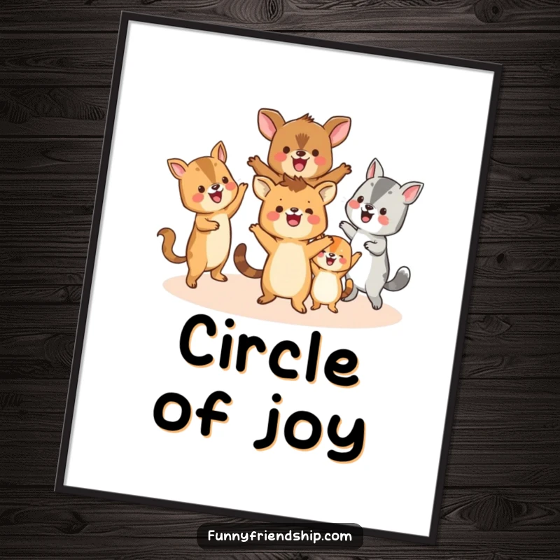 Funny poster of happy animals dancing in a circle, creating a lively and humorous piece of celebratory wall art.