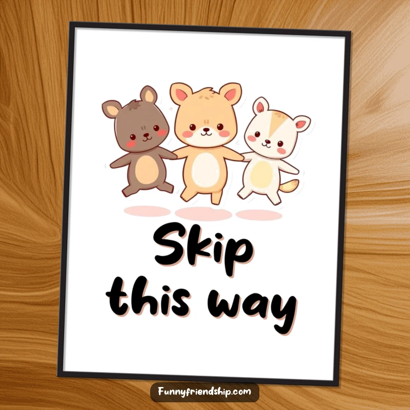 Funny poster art of three cheerful animal characters holding hands and skipping in a joyful circle, symbolizing unity.