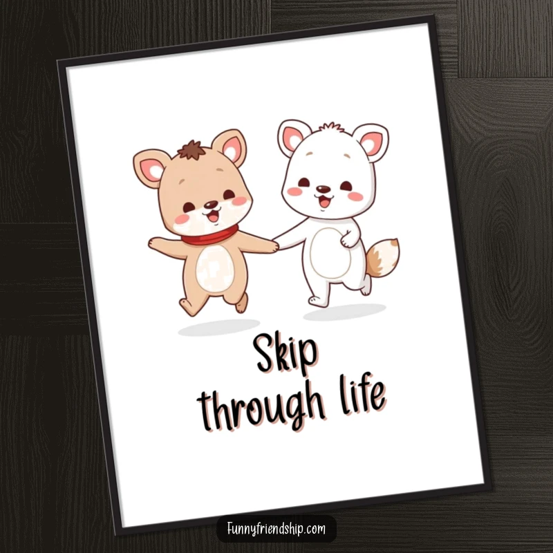 Funny poster featuring two animal characters holding hands and skipping with pure joy, a heartwarming and cheerful illustration.