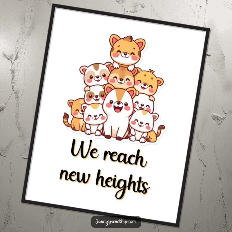 Funny poster print showcasing a pyramid of happy, smiling animals, adding cheer and humor to wall decor.