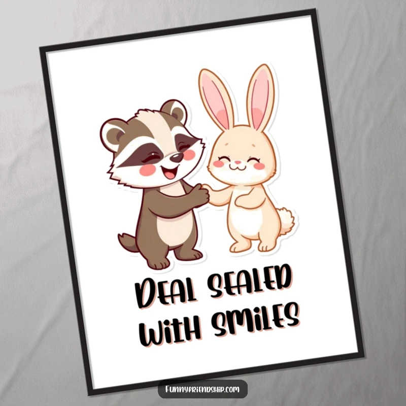 Funny poster print showing a badger and rabbit shaking hands, symbolizing a humorous pact and friendship.