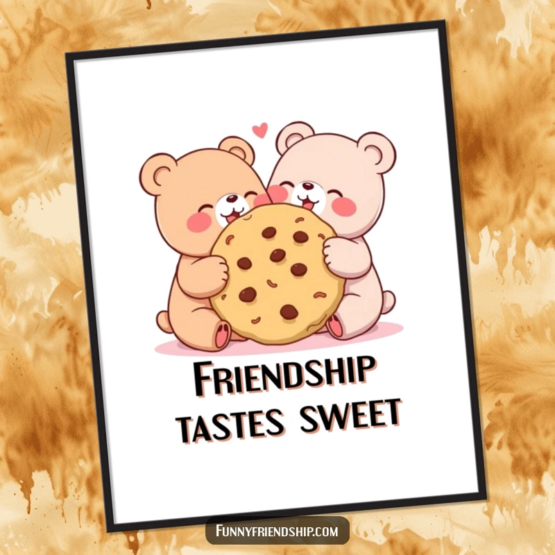 Funny poster art of two cute bears joyfully sharing a huge cookie, bringing friendship and sweetness alive.