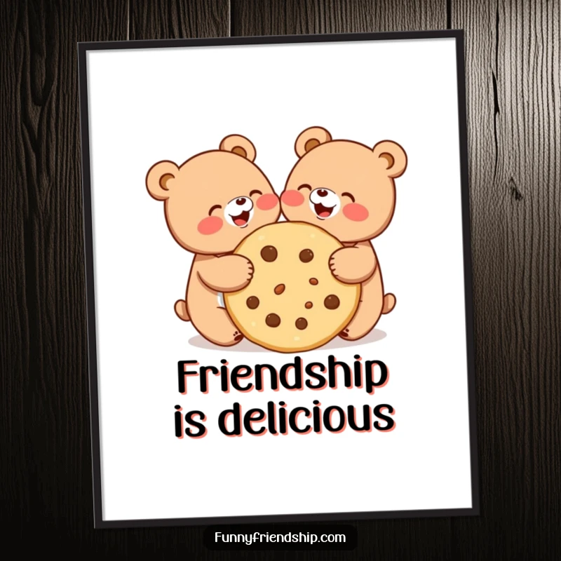 Funny poster illustrating two cute bears joyfully sharing a huge cookie, perfect for adding heartwarming decor.
