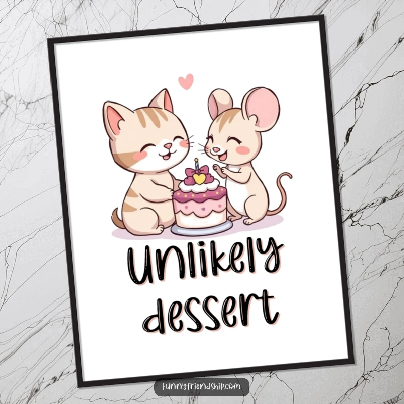 Funny poster art of a cat and mouse character smiling as they share a small cake, representing peace and friendship.