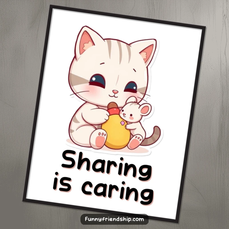 Funny poster: a cat character shares a toy with a small mouse, creating a humorous and heartwarming artwork about friendship.