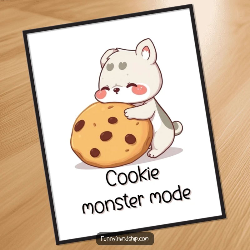 Funny animal friends poster, two cute characters sharing a giant cookie, art print depicting friendship, joy, and humor.