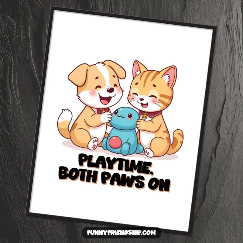 Funny dog and cat characters joyfully interacting over a shared toy, presented as vibrant wall art, a delightful funny gift for homes.