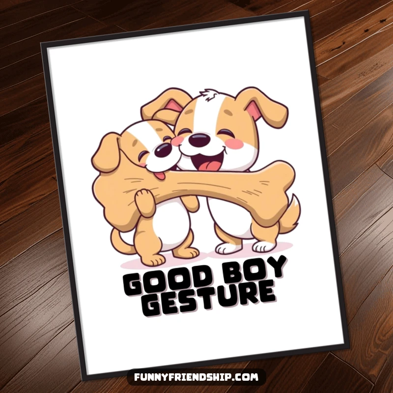Funny poster art of a friendly dog enthusiastically sharing a giant bone with another dog, celebrating canine bonding and joy.
