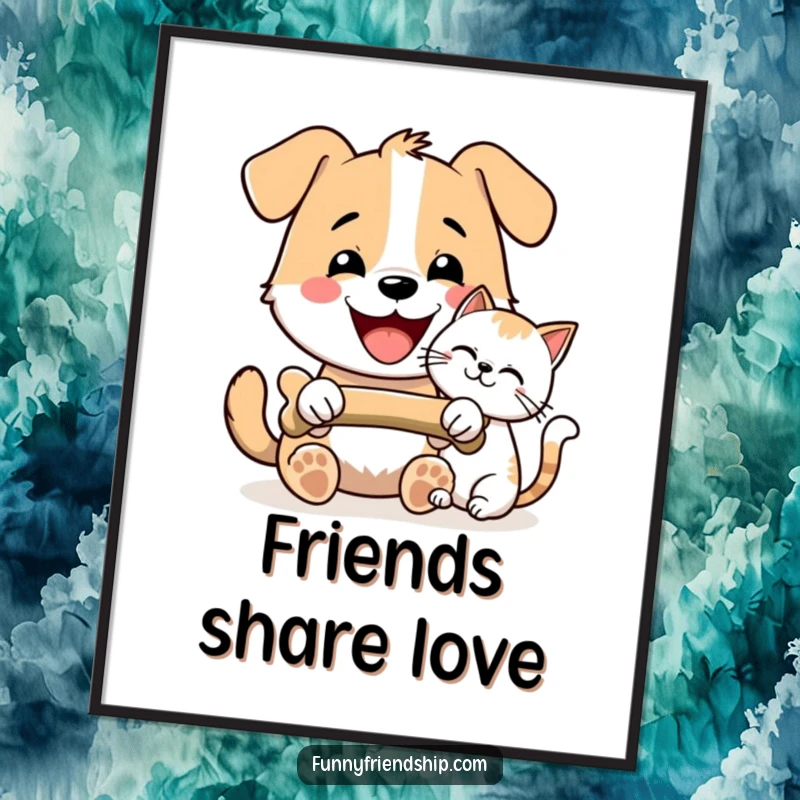 Funny Dog and Cat Bone Sharing Poster: Happy dog and cat sharing a bone, humorous pet art, perfect for wall decor, a funny gift.