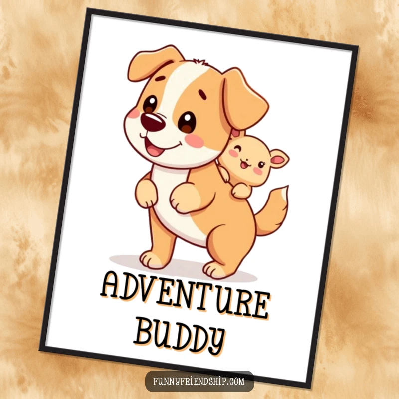 Funny poster art of a dog character giving a piggyback ride to a smaller creature, full of joy.