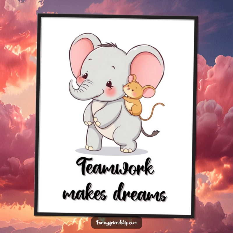 Funny poster print depicting a happy elephant giving a mouse a piggyback ride, celebrating friendship and joy.