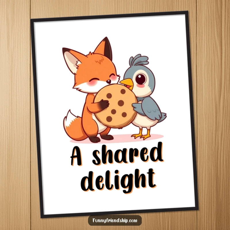 Funny poster of a fox sharing a large cookie with a bird, symbolizing friendship and the joy of sharing.