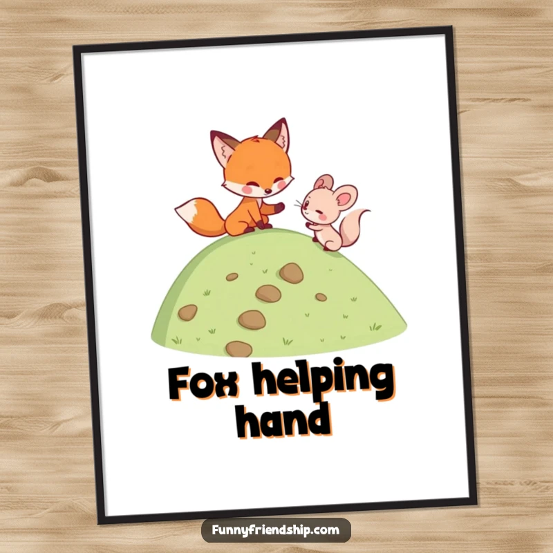 Funny fox helping a mouse climb a hill, art print symbolizing friendship, support, and adventure for wall decor.