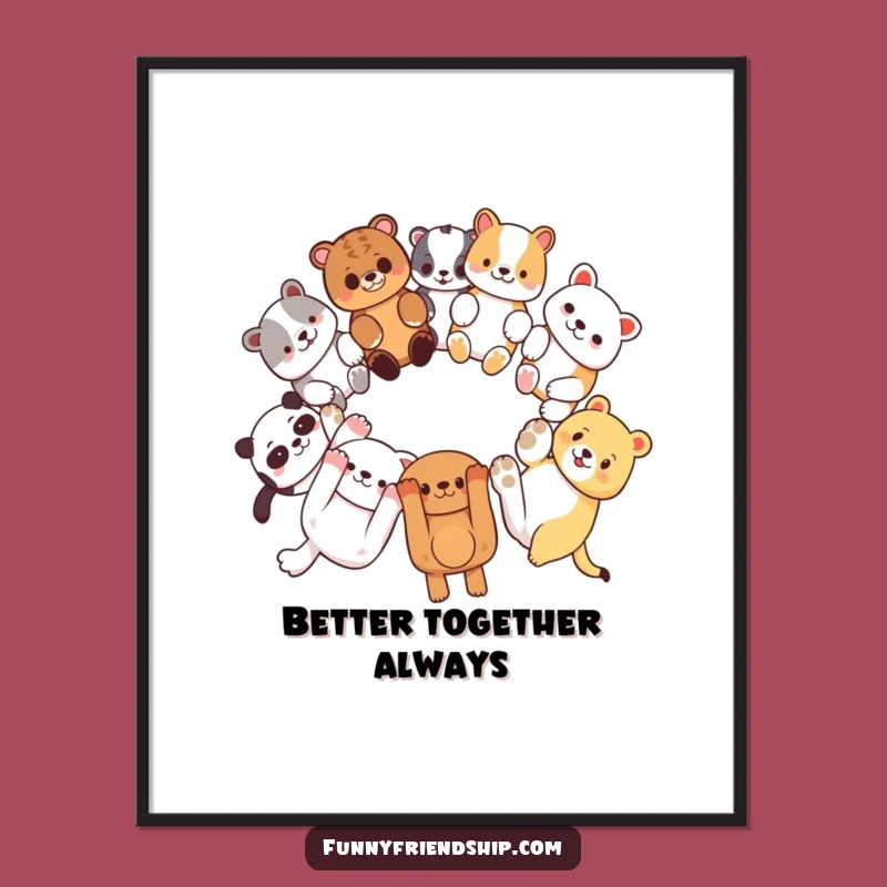 Funny Friendship Art Poster - Diverse Animals Link Paws, Hilarious Wall Decor