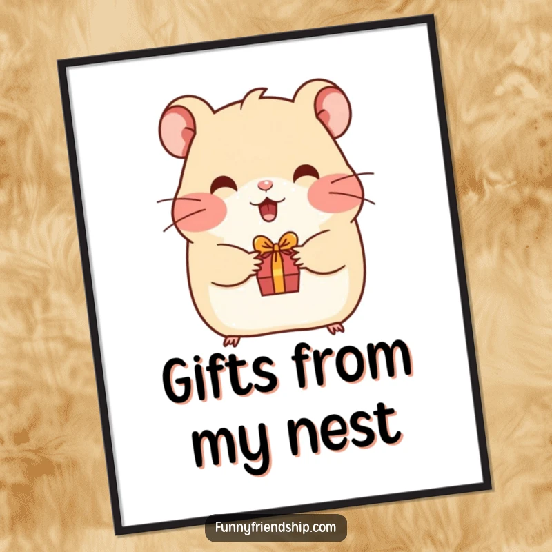 Funny hamster poster showing a happy hamster offering a small gift, celebrating friendship and humorous generosity.