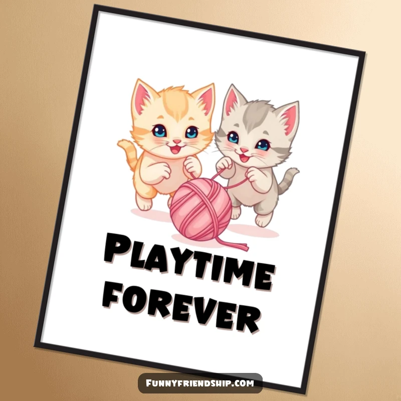 Funny playful kittens chasing a bouncing ball of yarn together, displayed as a cute cartoon poster, adding playful decor