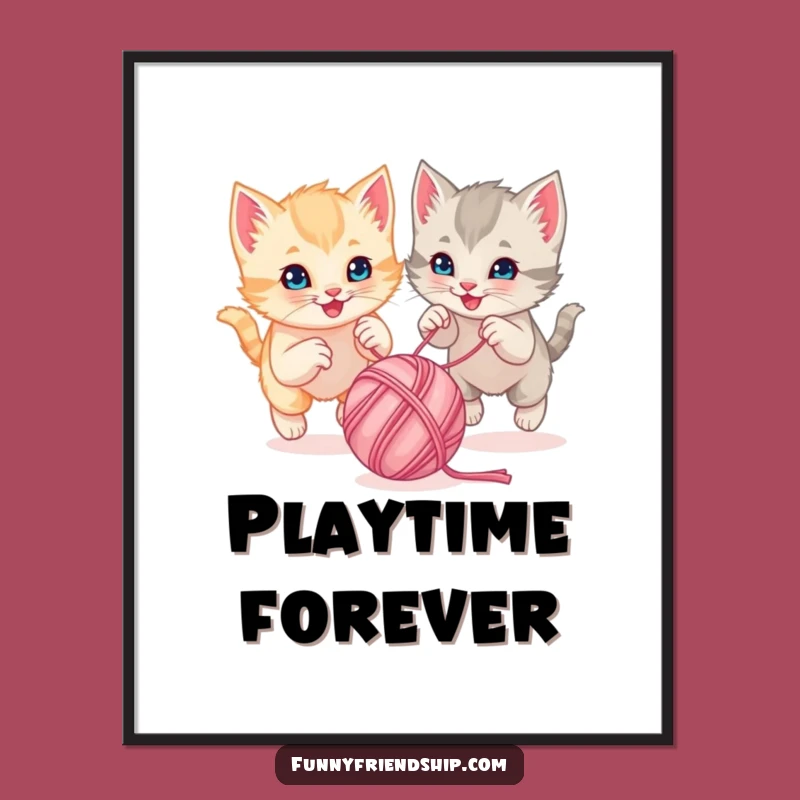 Funny Kitten Yarn Chase Poster - Playful Cartoon Wall Art Gift