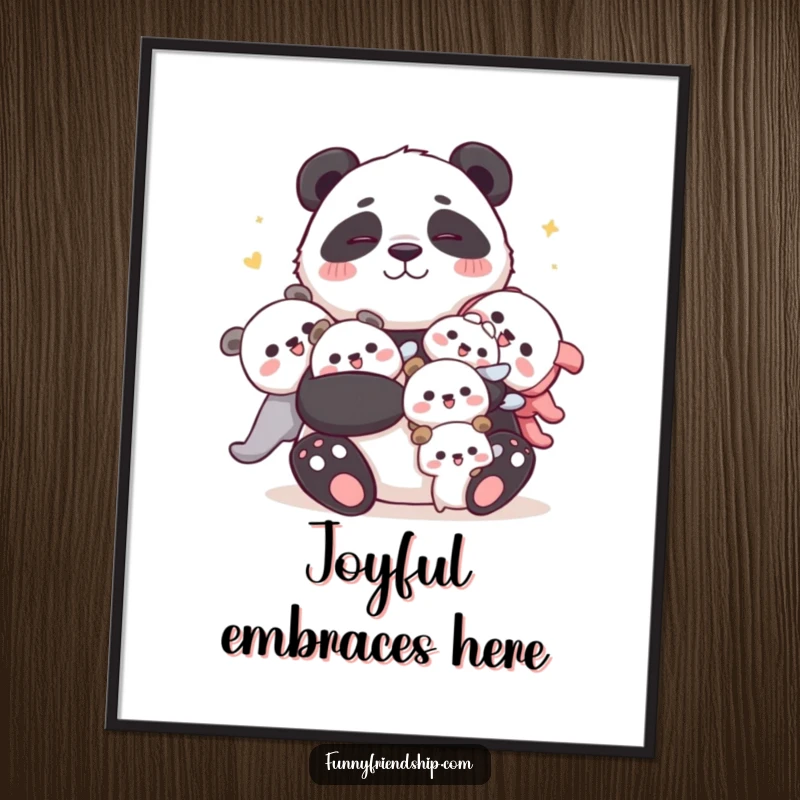 Funny panda poster showing a cuddly panda joyfully embracing smaller characters, capturing heartwarming humor and pure joy.