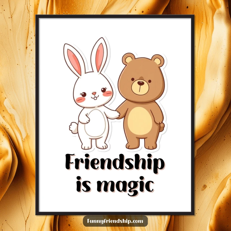 Funny rabbit and bear characters holding hands, a whimsical and humorous cartoon poster celebrating friendship and connection.