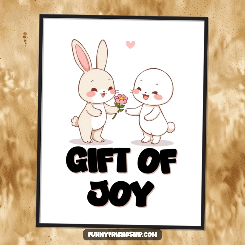 Funny rabbit character poster showing a cute bunny offering a flower to another character, evoking warmth and affection.