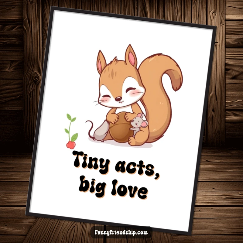 Funny Poster: A curious squirrel character sharing a nut with a tiny mouse, creating a heartwarming piece of art.