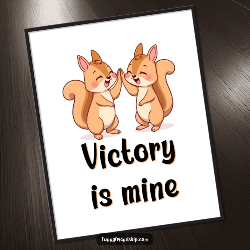 Funny poster art of two squirrels giving a triumphant high five, symbolizing joy and victory.