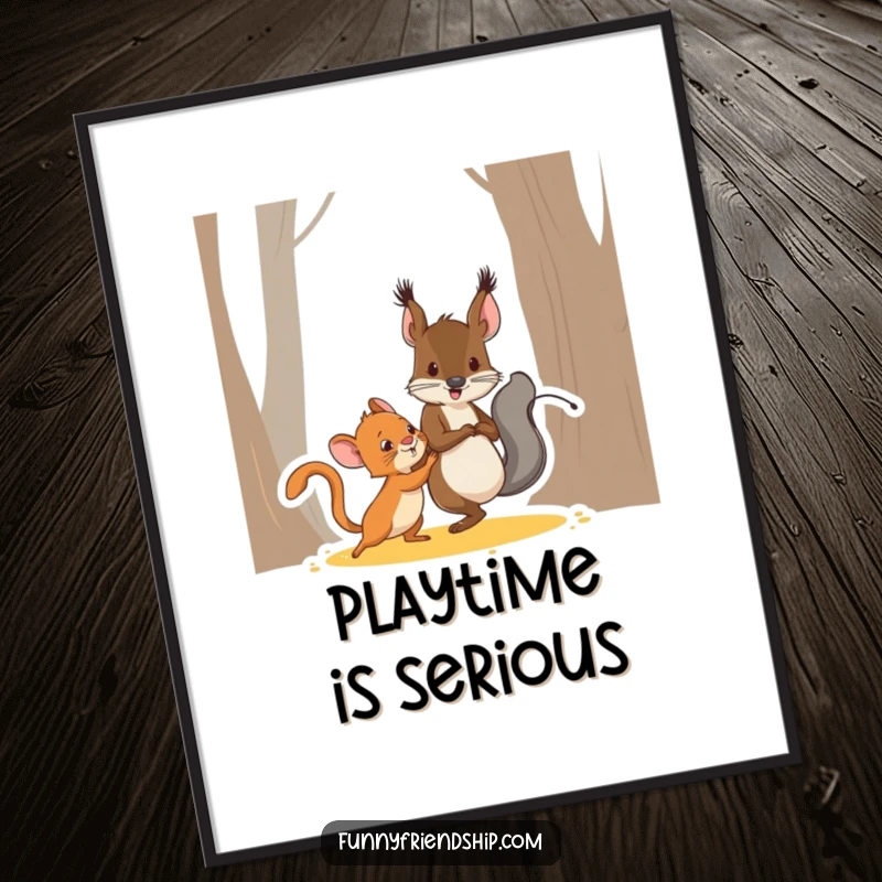 Funny squirrel and mouse characters playing tag, a whimsical and humorous cartoon poster for energetic wall decor.