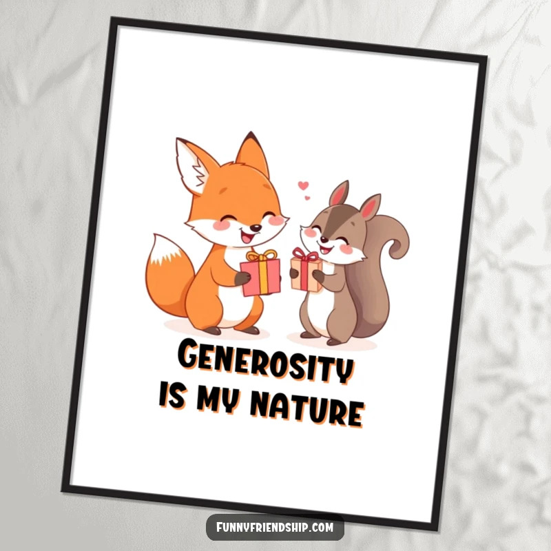 Funny fox and squirrel poster exchanging gifts, a vibrant and heartwarming wall decoration.