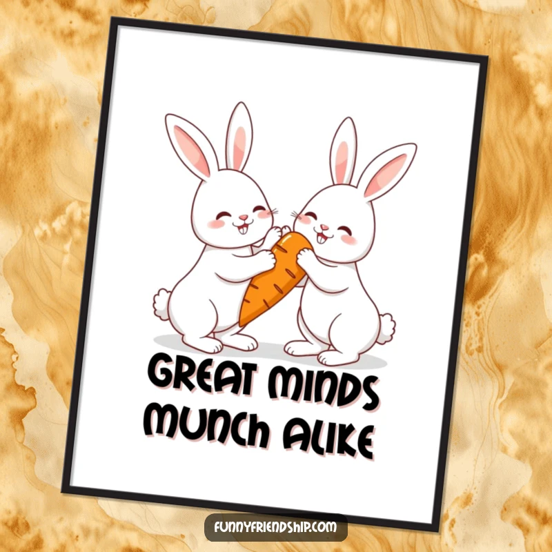 Funny rabbit poster featuring two high-fiving bunnies and a giant carrot, a vibrant and joyful wall decoration.