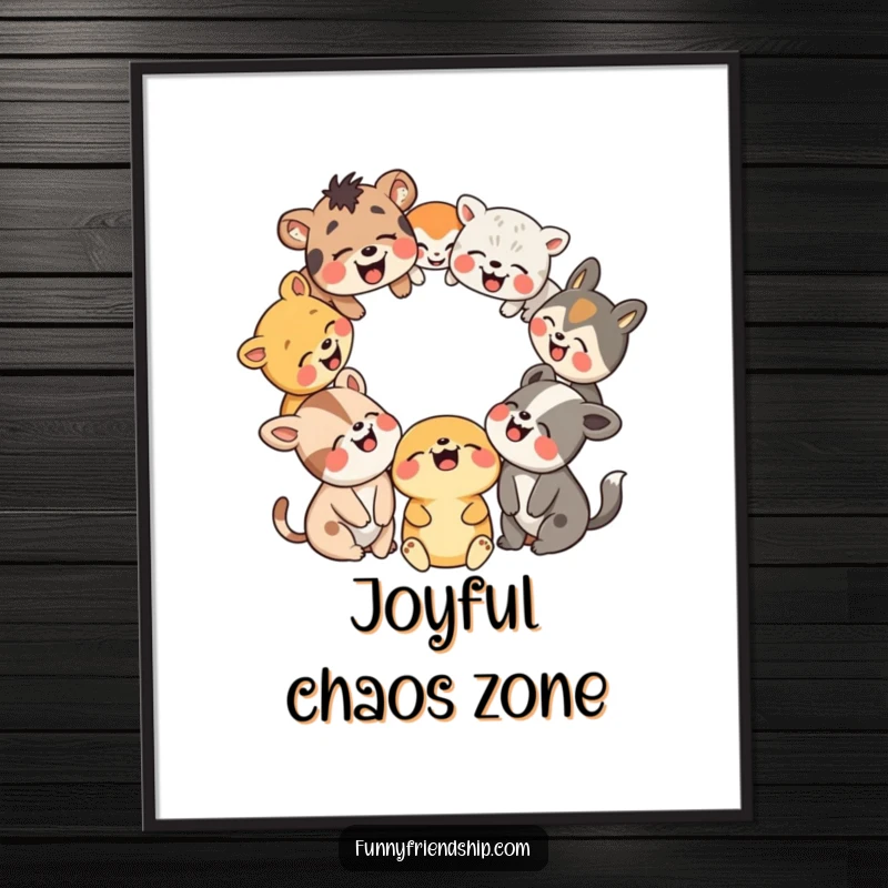 Funny poster featuring a whimsical illustration of various animals huddled together, roaring with laughter in a circle.