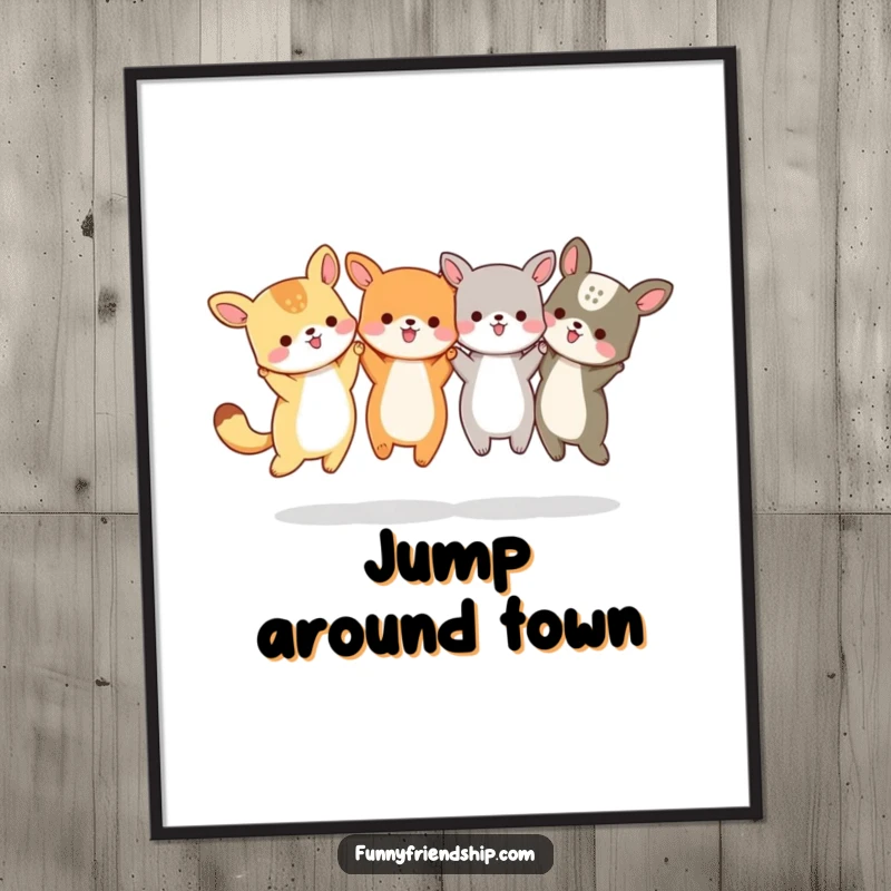 Funny Animal Friends Jumping Poster: Group of animals holding hands and jumping, vibrant and cheerful, for wall decor, a funny gift.