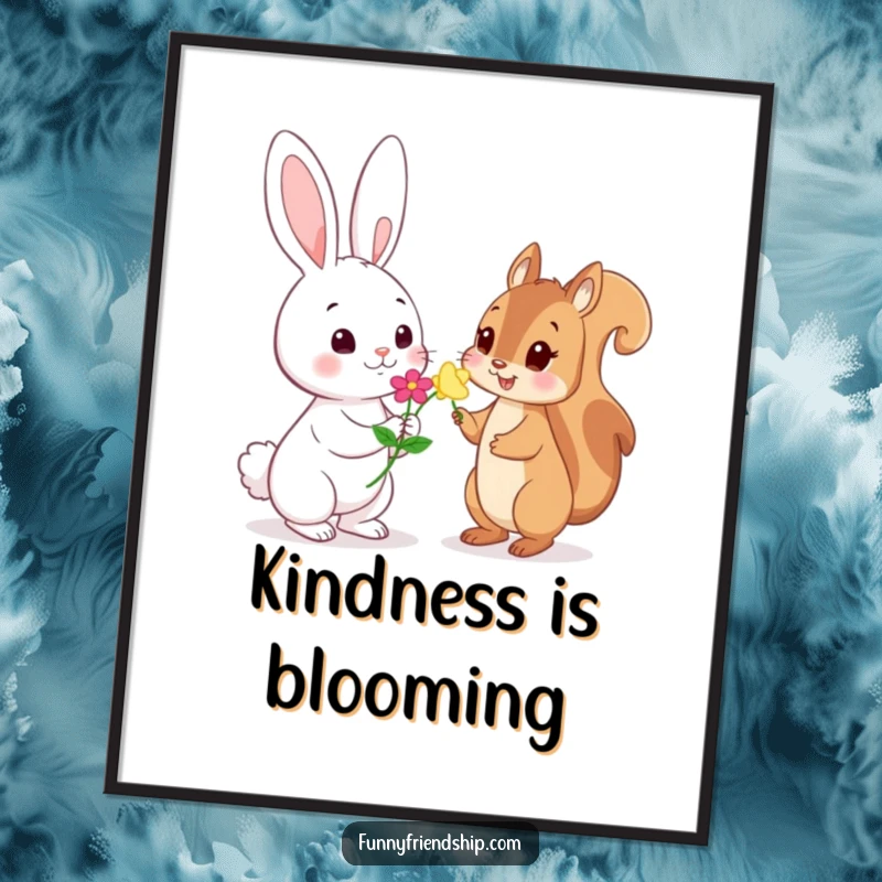Funny Poster: Playful rabbit character offering a flower to a shy squirrel character, a charming and humorous woodland scene for walls.