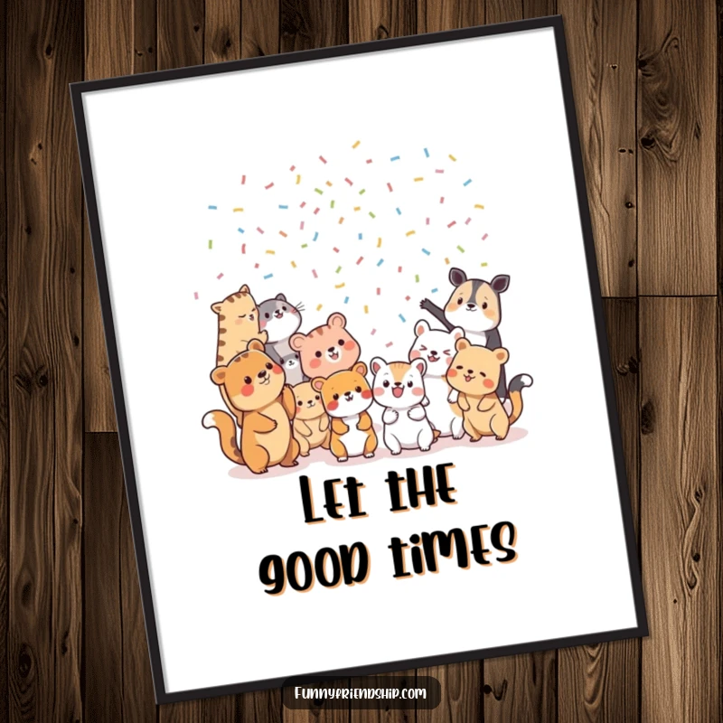 Funny Poster: A group of diverse animal characters enthusiastically tossing confetti at each other, an energetic and humorous party scene.