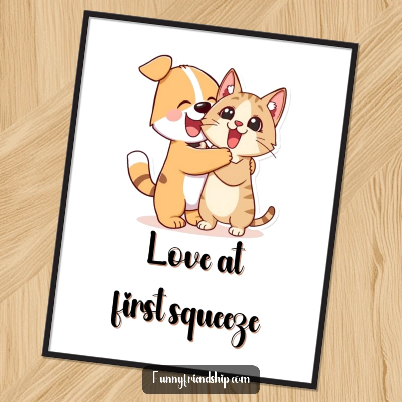 Funny Poster: Cute dog character enthusiastically hugging a surprised cat character, a humorous and heartwarming piece of wall art.
