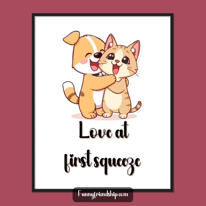 Funny Dog Cat Hug Poster: Hilarious Wall Art for Pet Lovers' Homes