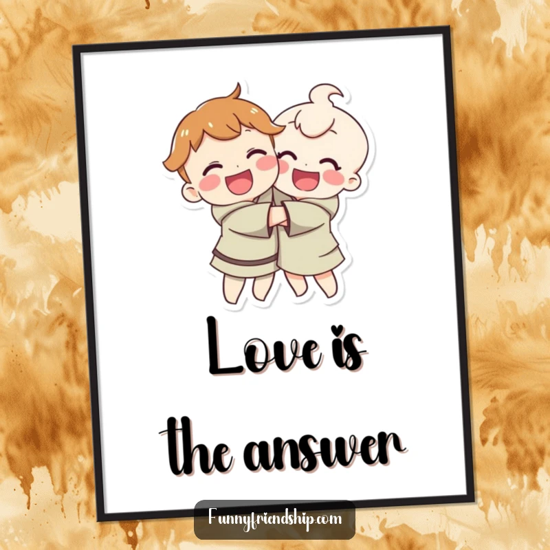 Funny poster print of two smiling characters hugging, representing happiness, love, and joyful connection.