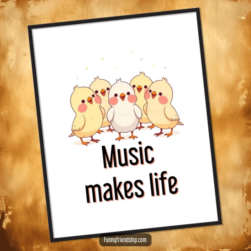 Funny bird characters forming a choir, singing together joyfully, a whimsical and humorous cartoon poster for music-themed decor.