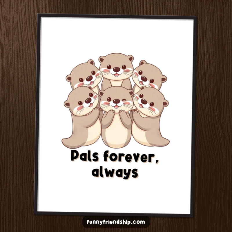 Funny otter poster with playful otters holding paws in a circle, a vibrant and heartwarming wall decoration.