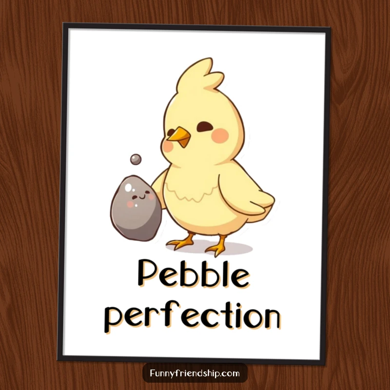 Funny Bird Pebble Gift Poster: Bird offers shiny pebble, cute avian illustration, promoting thoughtfulness, a funny gift.