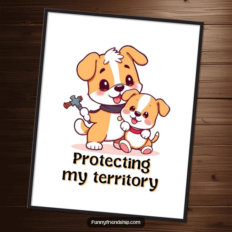 Funny dog poster showing a protective dog and a playful puppy, capturing a moment of sweet, humorous companionship.
