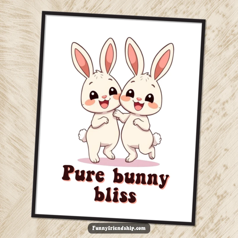 Funny Poster: Two adorable bunnies smiling wide and dancing energetically, a celebration of pure joy and playful movement on your wall.