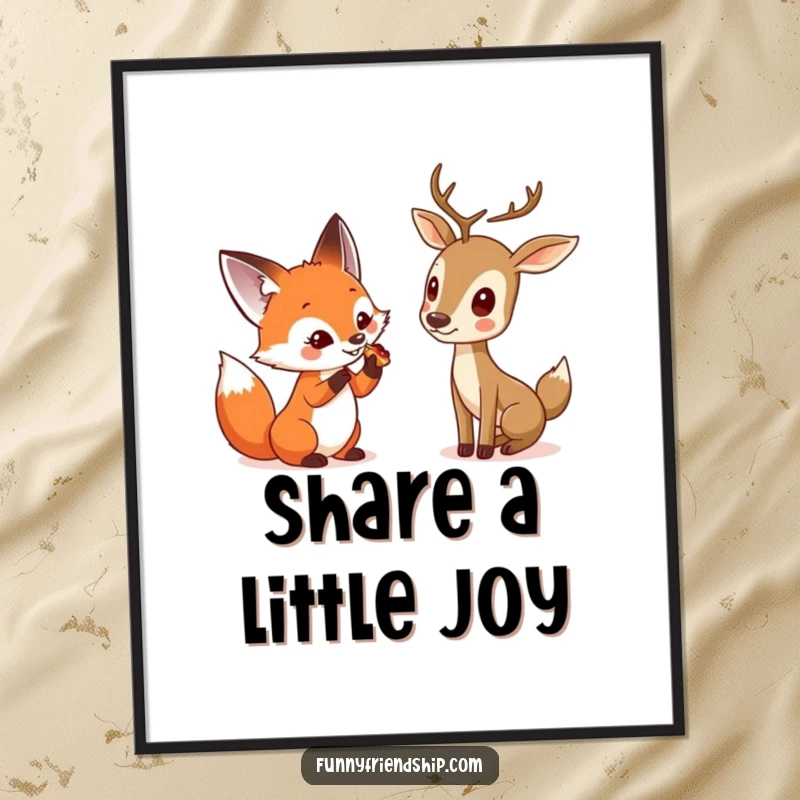 Funny poster art: a curious fox shares a treat with a shy deer, evoking a sense of gentle woodland friendship and adorable charm.