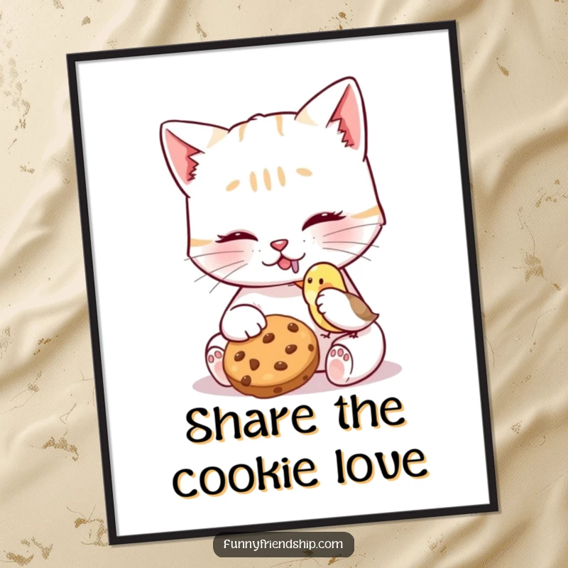 Funny Cat Bird Cookie Poster featuring a cat character generously sharing a cookie with a tiny bird, a heartwarming and charming artwork.