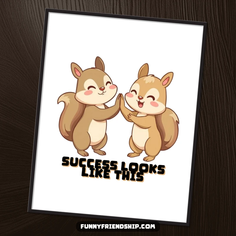 Funny poster art of two squirrels enthusiastically high-fiving, bringing friendship and celebration alive.