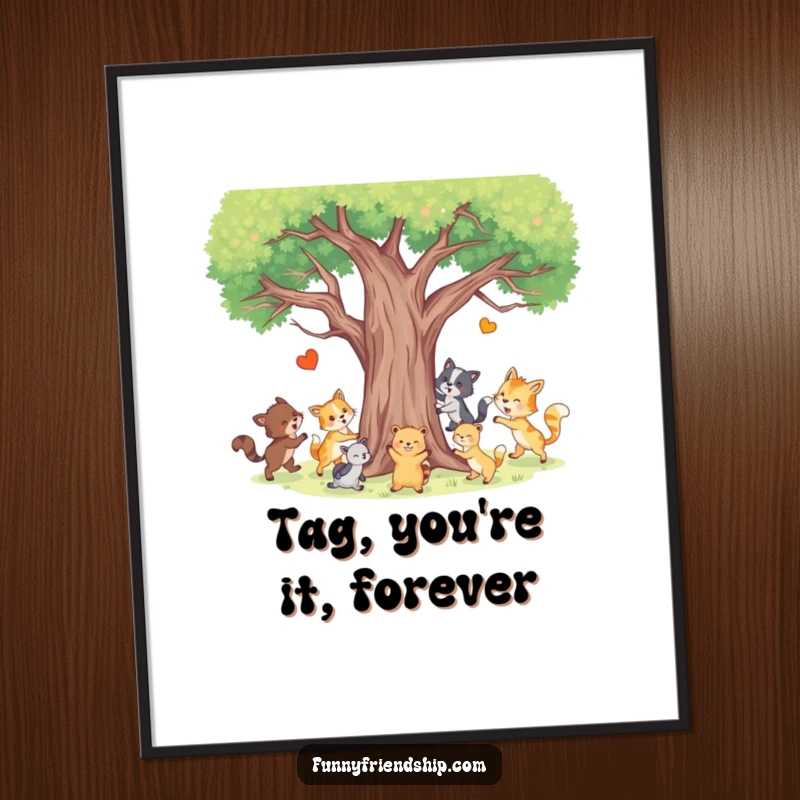 Funny Animal Tag Poster featuring a group of happy animals joyfully playing tag around a tree, a lively and fun artwork.