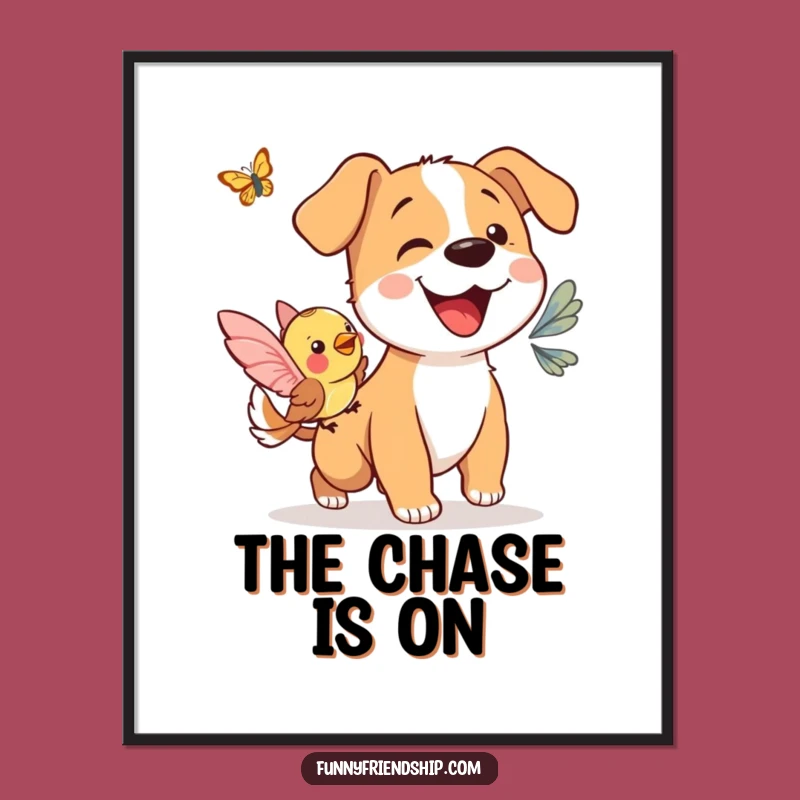 Funny Dog & Bird Butterfly Poster: Bring Joyful Animal Humor to Your Walls